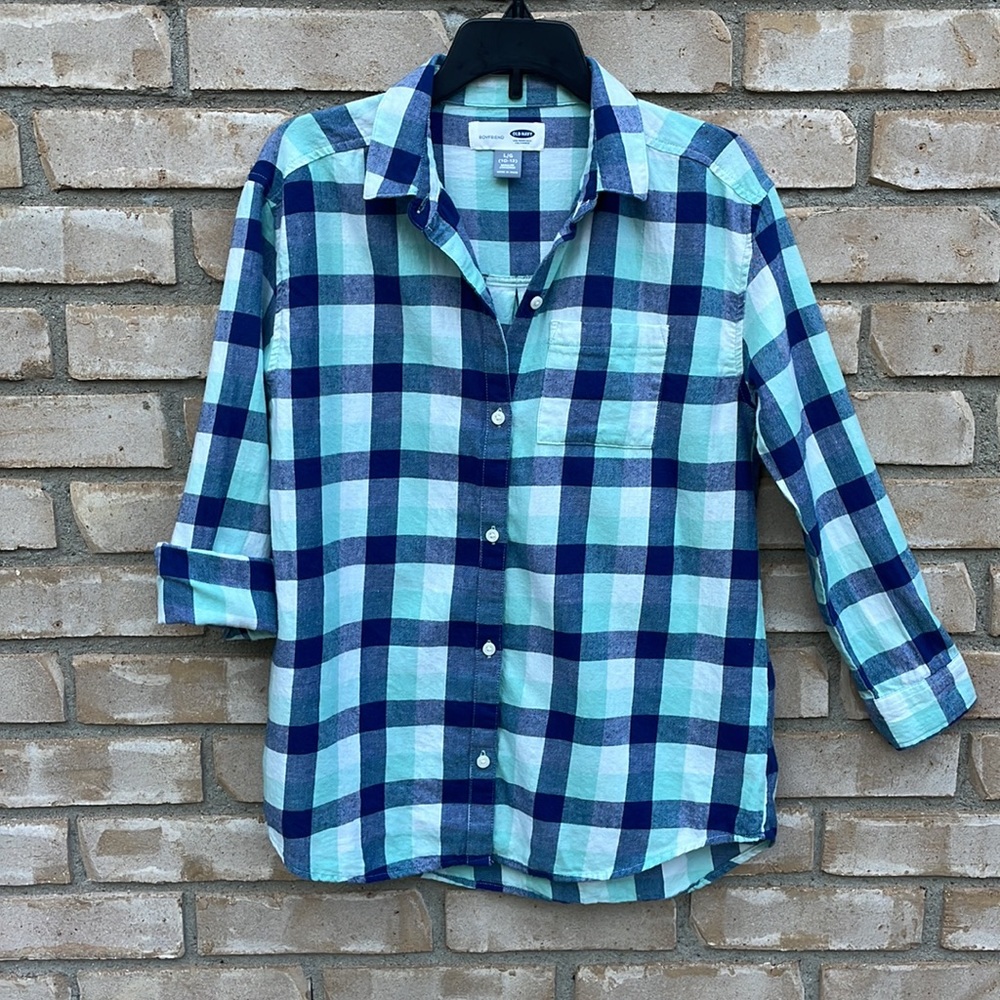 Old Navy Girls Boyfriend Flannel Shirt Blouse Top Tunic Length Plaid Sz L 10-12